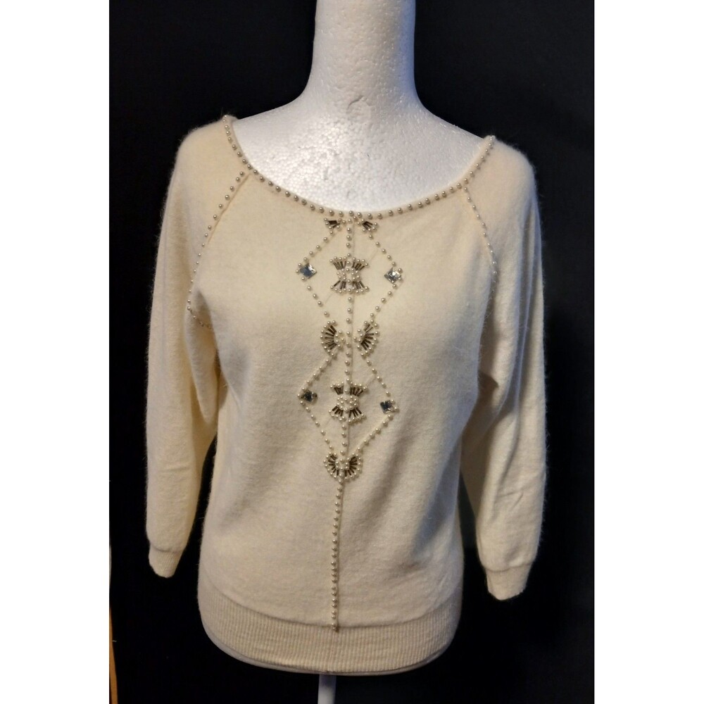 L'EAU VIVE vintage Ivory wool/angora sweater with white pearls medium